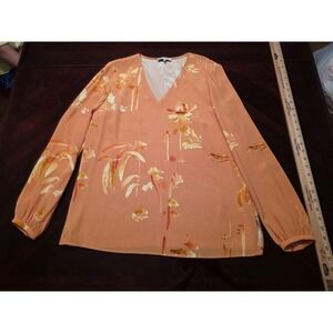 Lafayette 148 New York Blouse Womens M Orange Silk Floral V Neck Long Sleeve Top